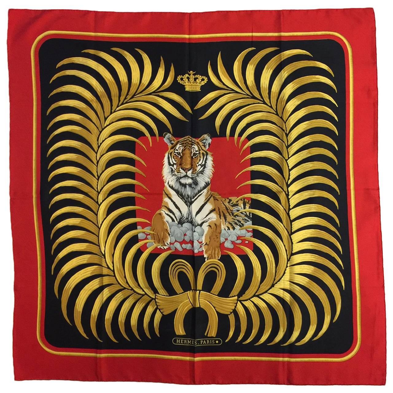  Hermes Royal Red Silk Twill Tigre Royal Scarf by Christiane Vauzelles