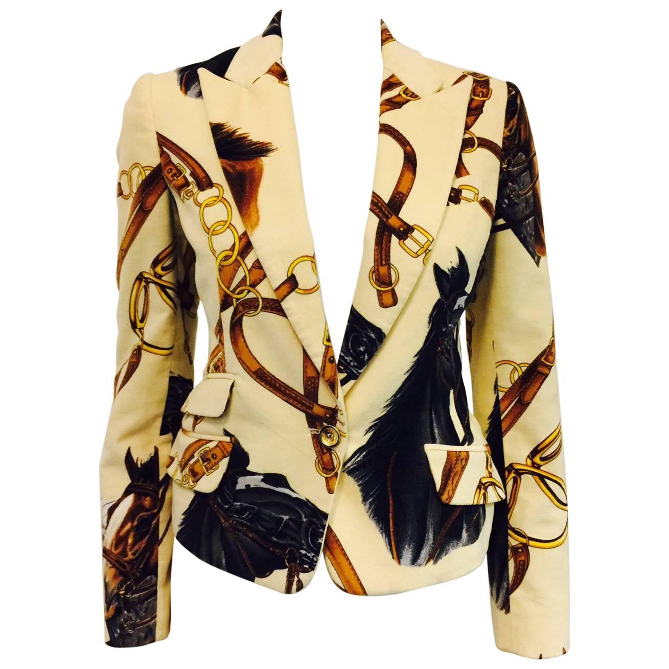 D&G Brushed Cotton Fitted Jacket With Equestrian Print and Leopard Lining 