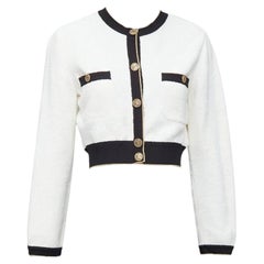 CHANEL 2019 white cotton blend black trim gold CC button cropped cardigan FR34