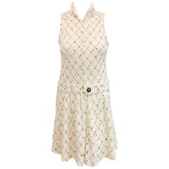 Chanel Spring White Cotton Tweed Sleeveless Dress W Black Diamond Pattern