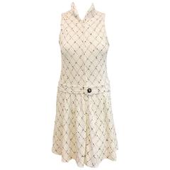 Chanel Spring White Cotton Tweed Sleeveless Dress W Black Diamond Pattern 