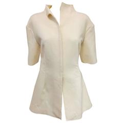 Marni Ivory Cotton and Wool Short Sleeve Top With Placket and Unfinished Edges 7