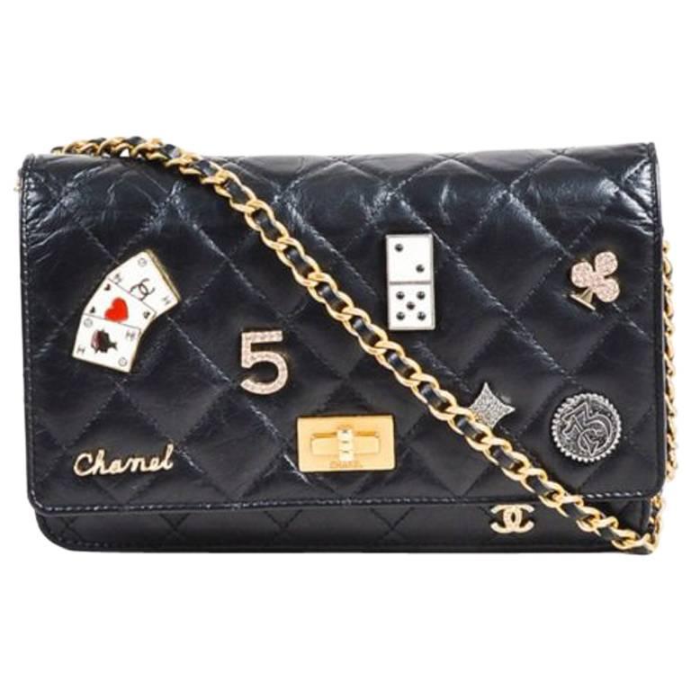 Chanel Black Leather Quilted "Lucky Charms Reissue" Wallet On Chain For Sale