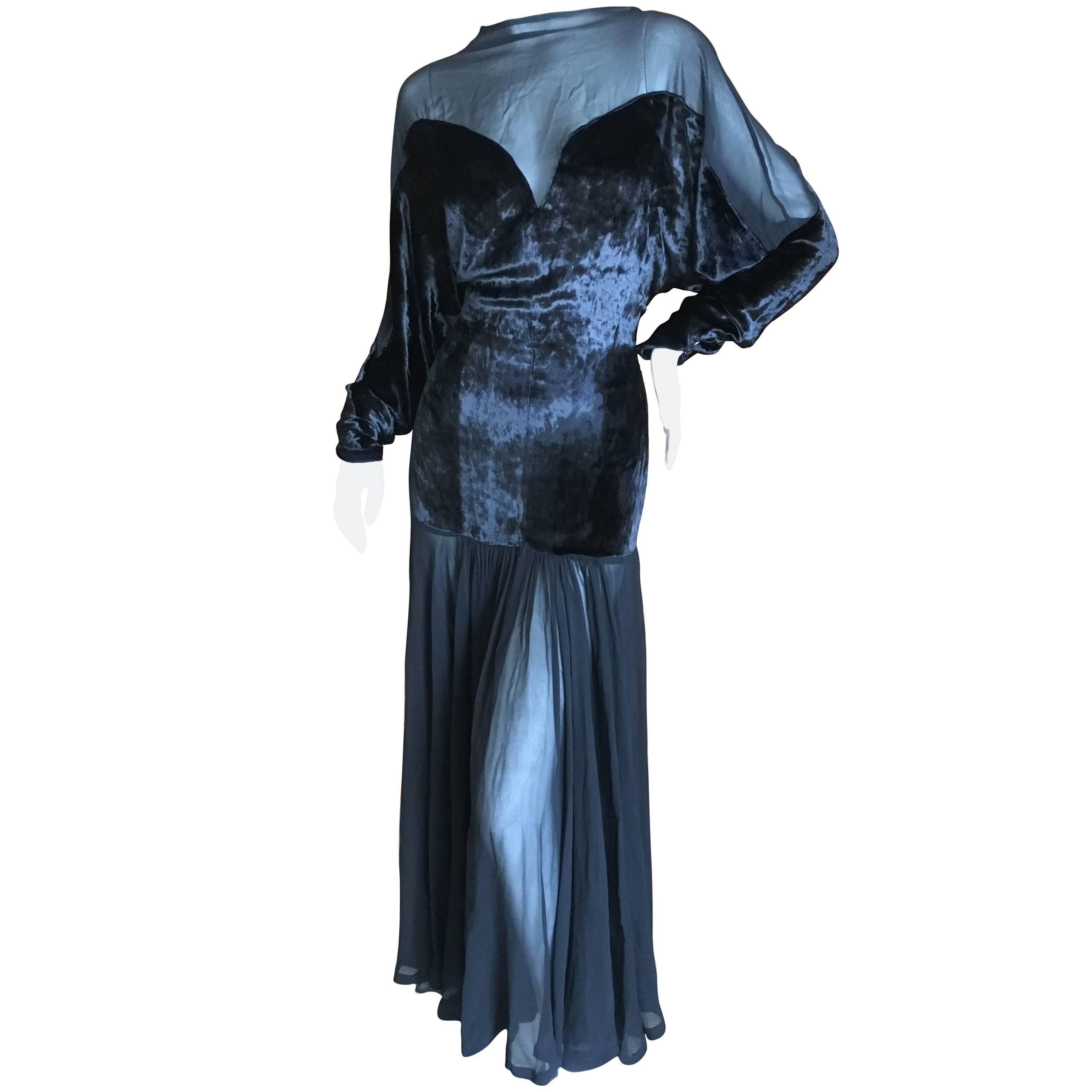Thierry Mugler Black Velvet and Sheer Chiffon Evening Dress For Sale