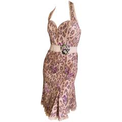 Blumarine Pink Leopard Scallop Edge Dress with Violets NWT 12