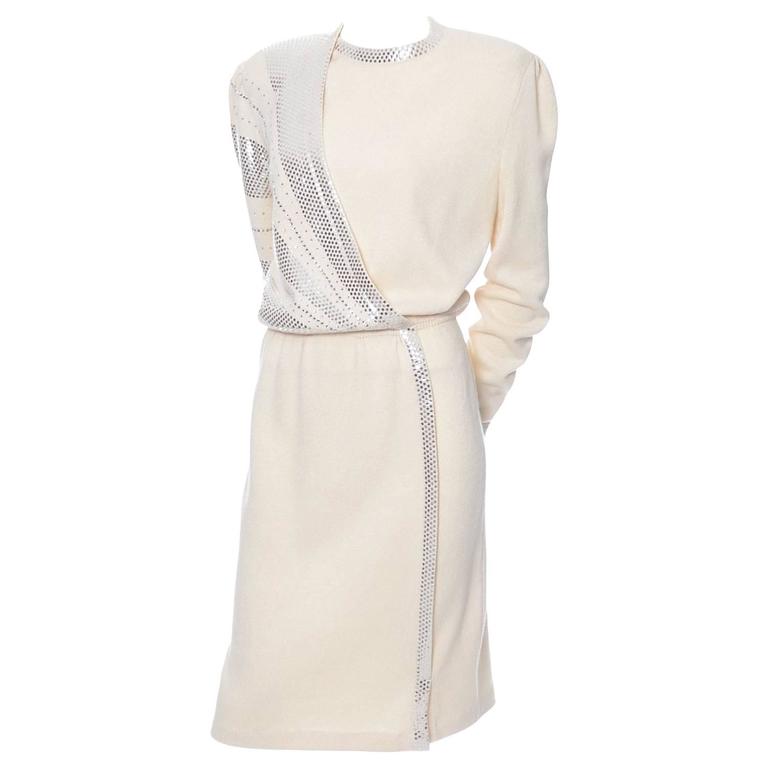 St. John Vintage Ivory Knit Dress Silver Paillettes Size 12 For Sale at 1stDibs