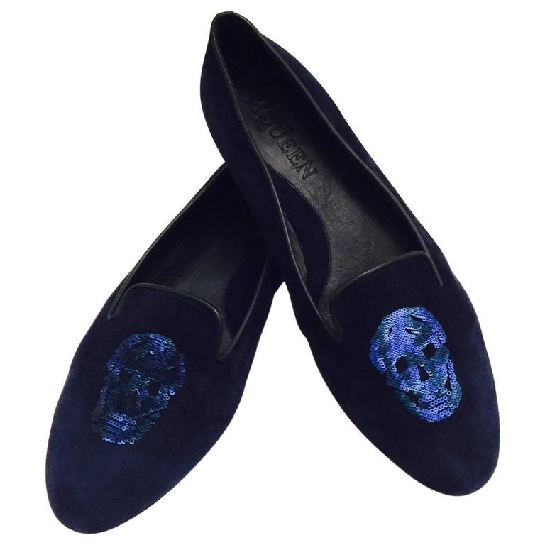 Alexander McQueen Midnight Blue Suede Slippers With Sequin Embroidered ...