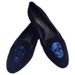 Alexander McQueen Midnight Blue Suede Slippers With Sequin Embroidered Skulls 