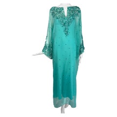 Oscar de la Renta S/S 13 Aqua Silk Embroidered & Appliqued Caftan & Slip XS
