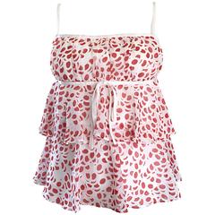 1970s Courreges Silk Chiffon Red and White Vintage 70s Empire Waist Logo Top 2