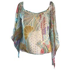 1990s Max Mara Silk Chiffon Cold Shoulder Boho Abstract Print Colorful Blouse 10