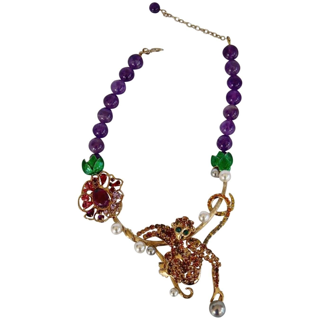 Philippe Ferrandis Amethyst, Enamel, and Swarovski Crystal Monkey Necklace