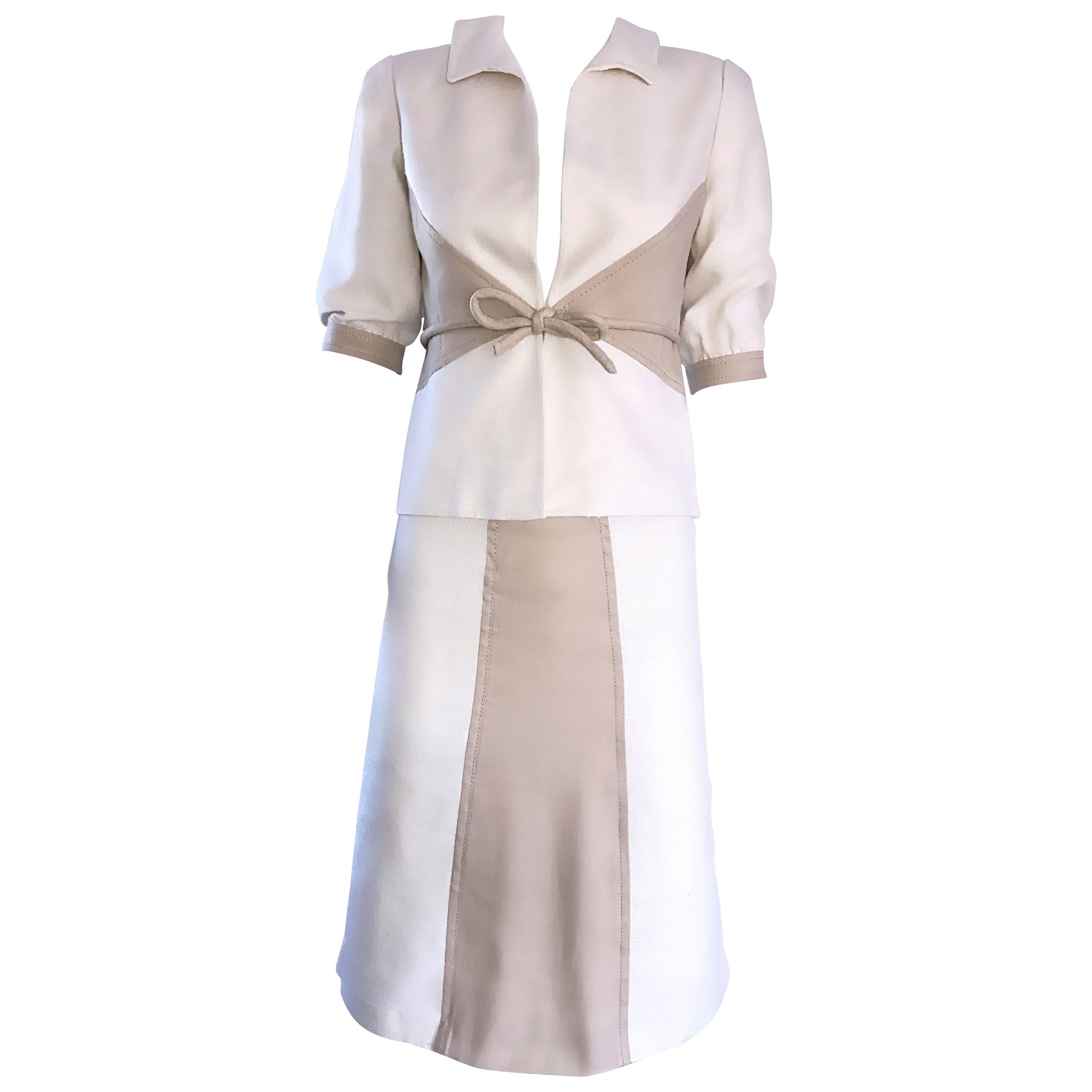 Brand New Valentino NWT $3, 600 Ivory + Beige Taupe 2004 Size 4 Silk Skirt Suit  For Sale