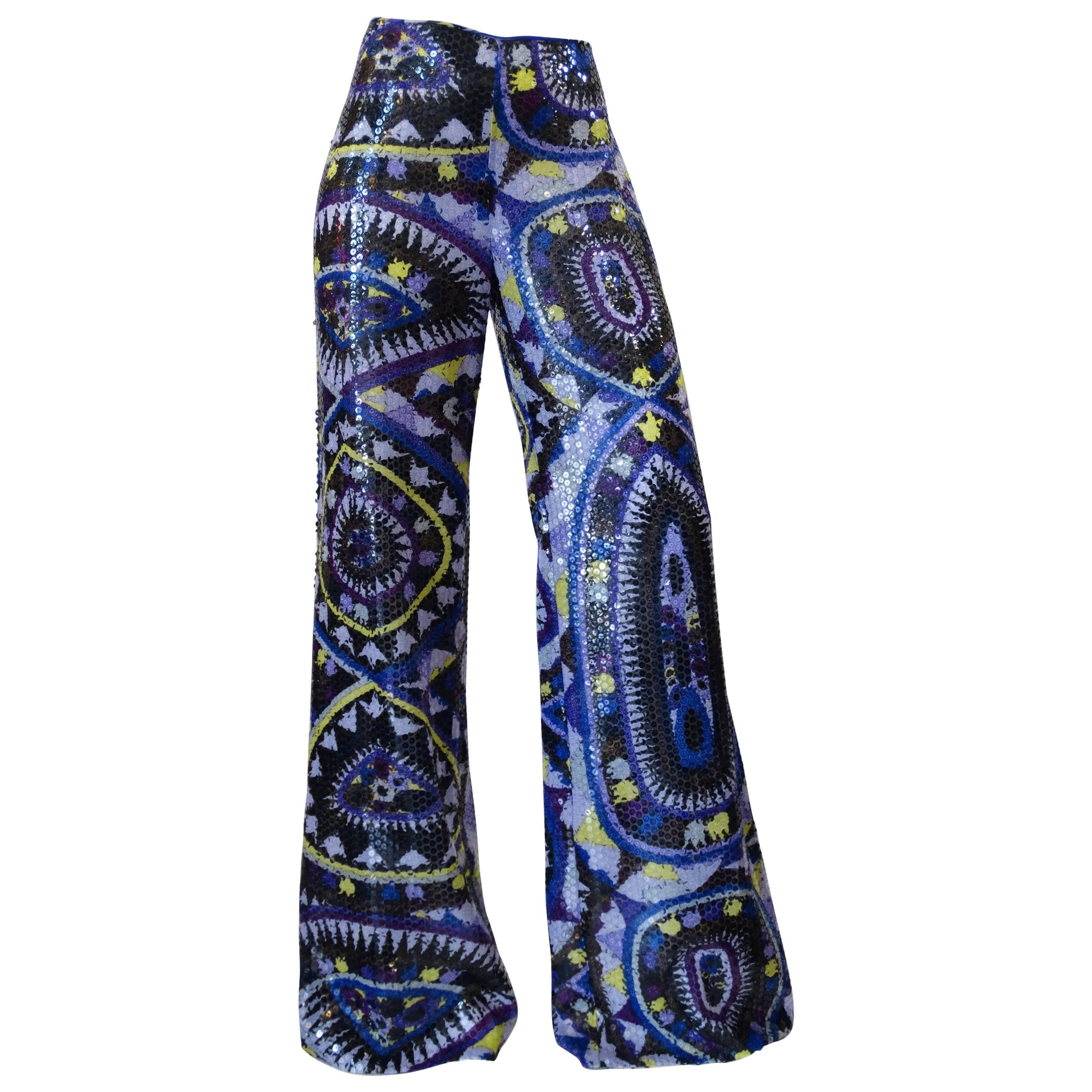 Rare 1990s Emilio Pucci Kaleidoscope Print Sequins Pants