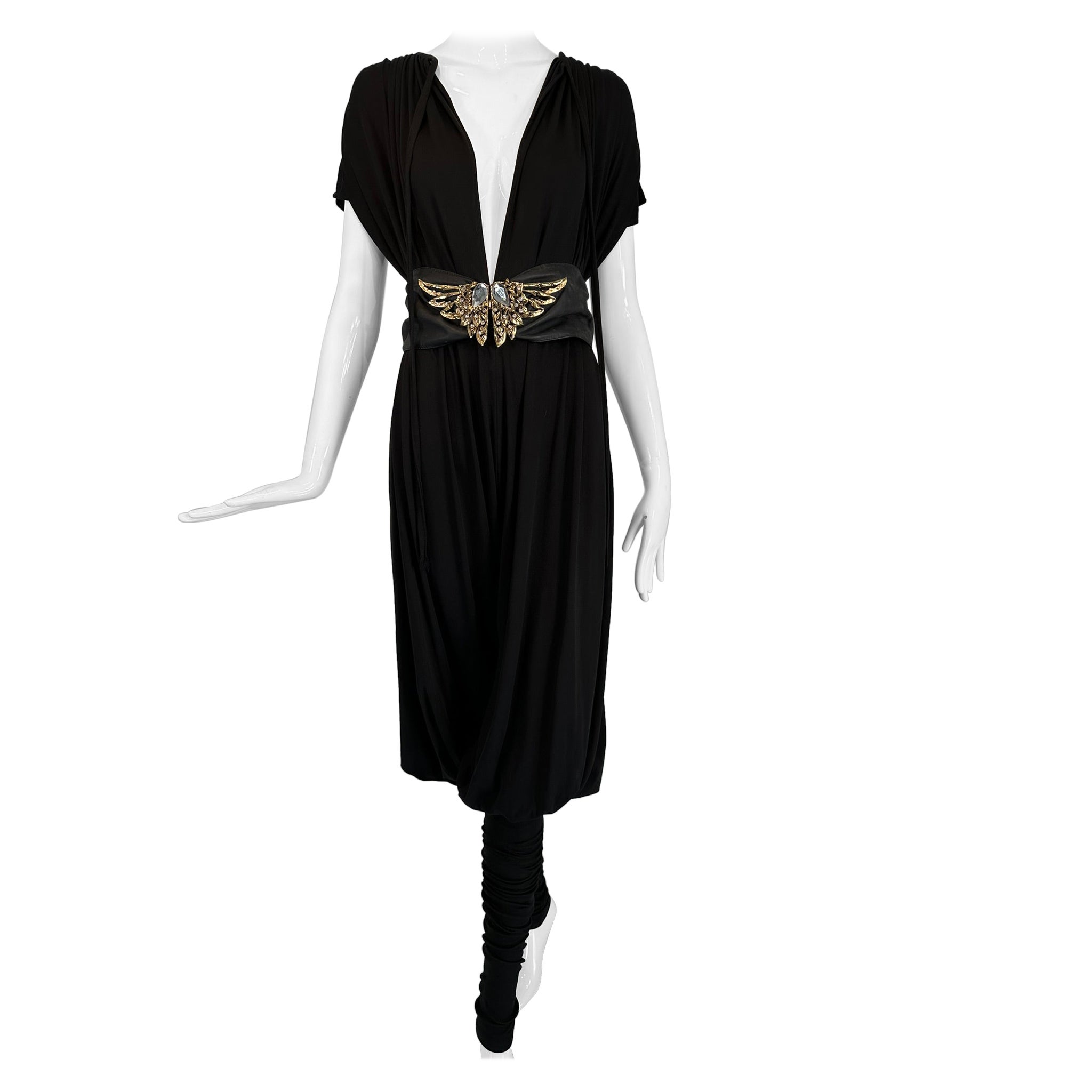 Norma Kamali 1980s Balloon/Leggins Plunge Neck Black Jersey Jumpsuit OSFM For Sale