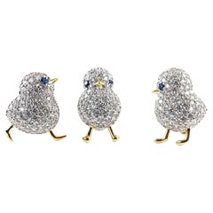 Vintage 3 Bird Chicks Sparkling Crystal Golden Brooch Pins