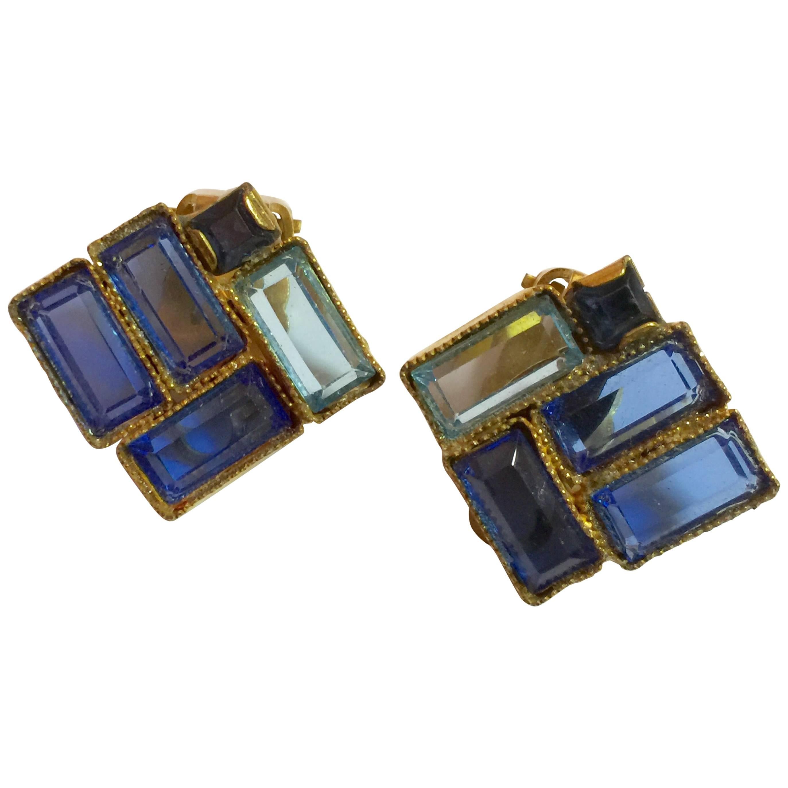 1970S William deLillo Gorgeous Azure Blue Clip Geometric Earrings