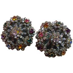 1960s Miriam Haskell Clip Earrings Multicolor Stonework and Montees 9
