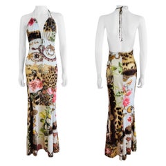 Vintage S/S 2005 Roberto Cavalli Halter Maxi Dress Gown Floral Leopard Seashell