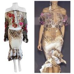 Vintage S/S 2002 Roberto Cavalli Leopard Floral Embroidery Silk Top + Skirt Set