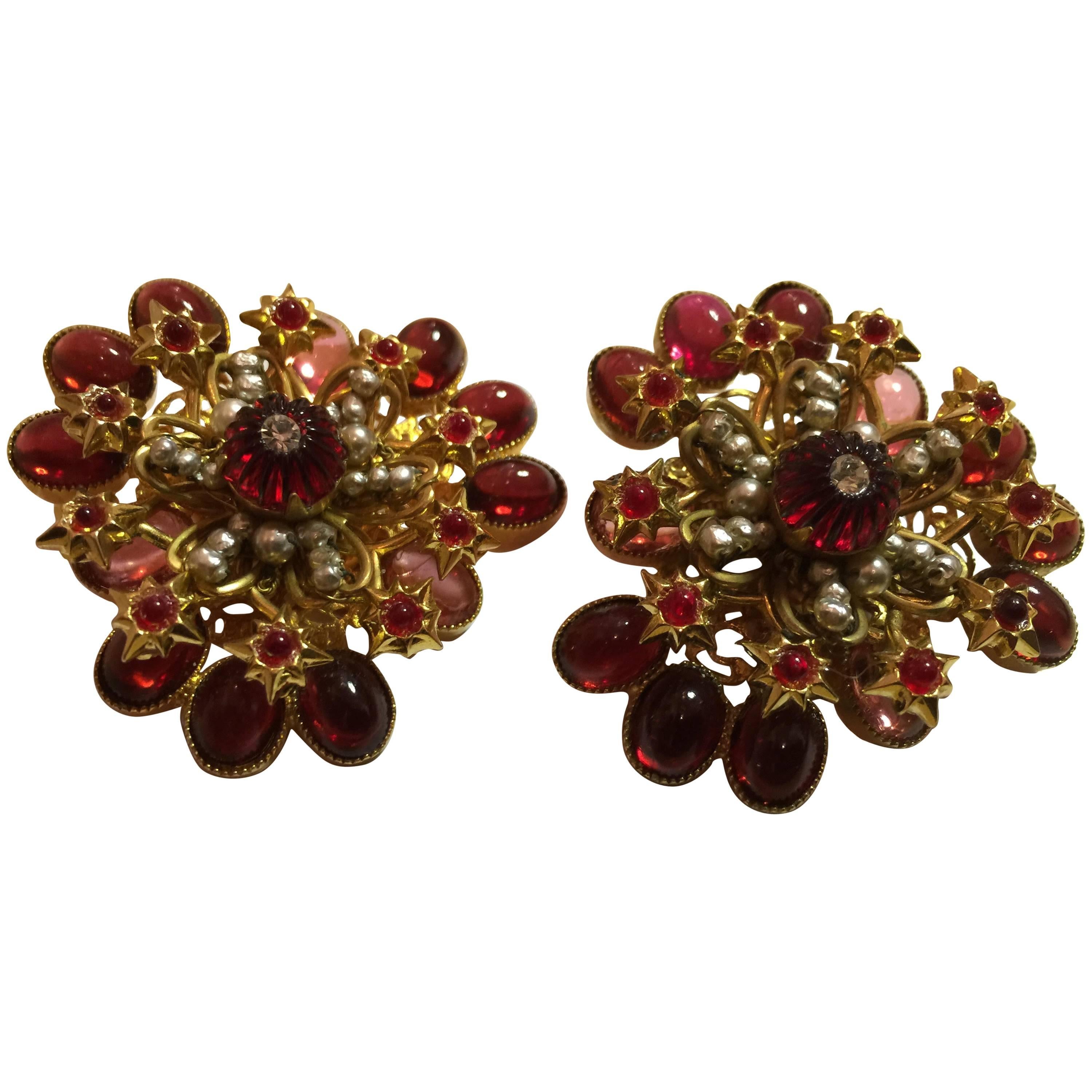 DeLillo Melon Bead Pearl and Cabochon Faux Ruby Clip Back Earrings For Sale