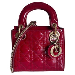 Lady Dior Mini Handbag Burgundy Red Patent Leather Gold-tone Chain Strap