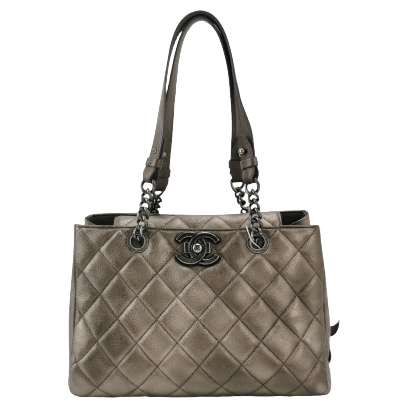 Chanel Portobello ChainTote Bag Piel de becerro plateada metalizada bronce en venta