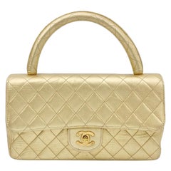 Chanel 1994 Classic Flap Kelly Top Handle Bag Medium Gold Lambskin Leather
