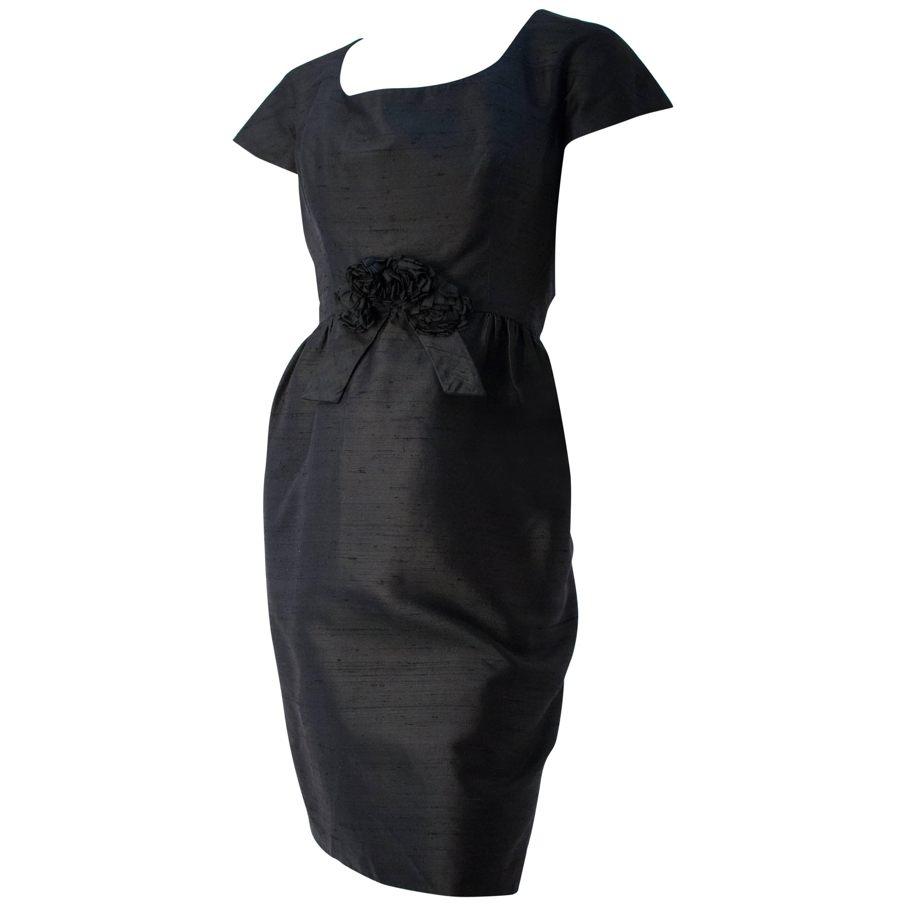 50s Black Silk Shantung Short Sleeve Cocktail Dress For Sale