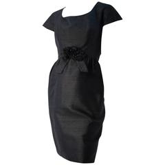 50s Black Silk Shantung Short Sleeve Cocktail Dress