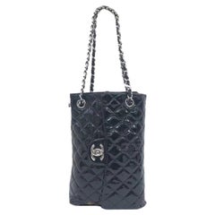 Chanel Upside Down Flap Bag Black Diamond Quilted Patent Leather Silver Hardware