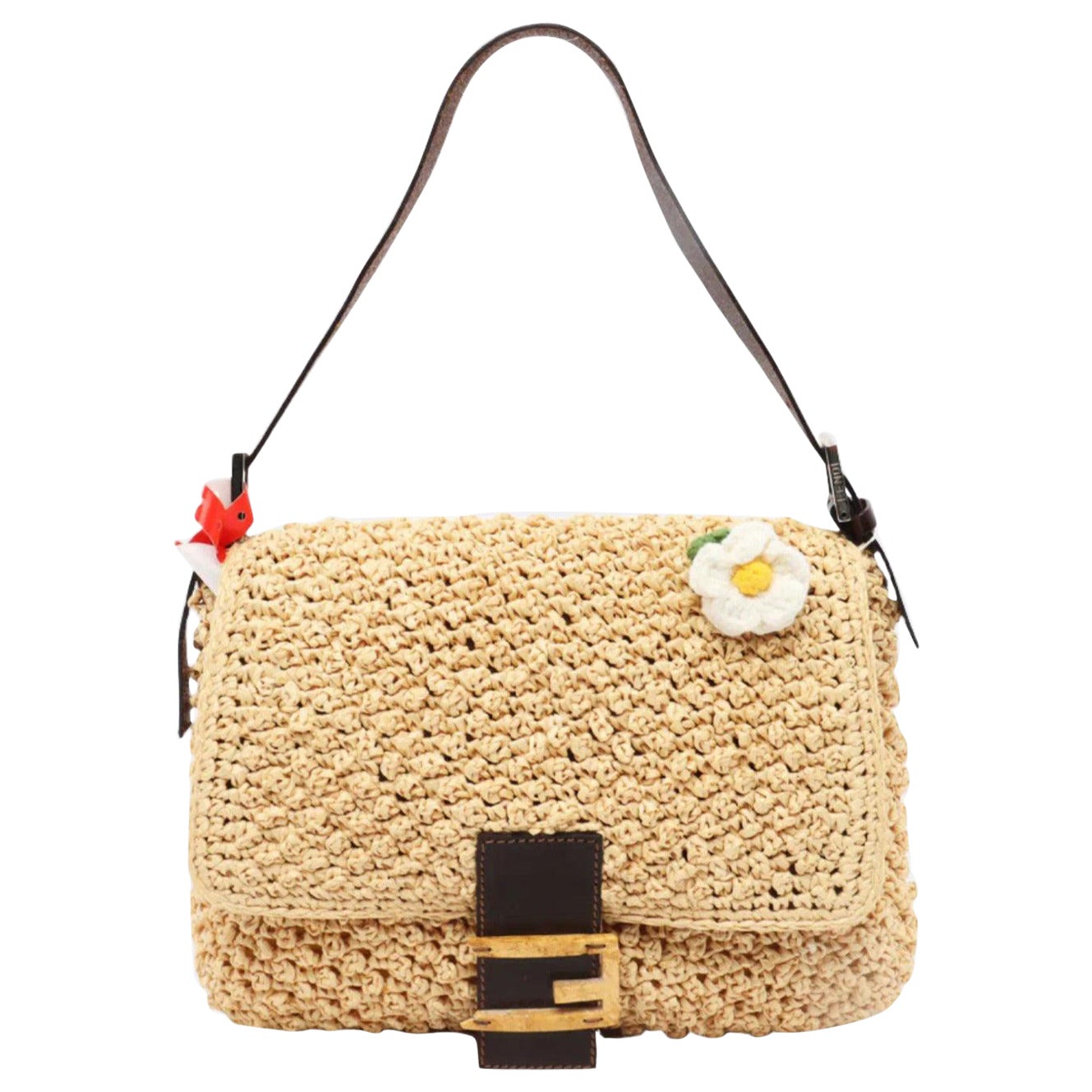 Fendi Mamma Baguette Raffia Crochet Shoulder Bag with Flower For Sale