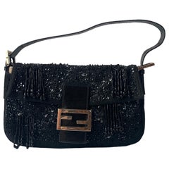 Fendi Baguette Vintage Black Beaded Tussle On Black Shoulder Bag