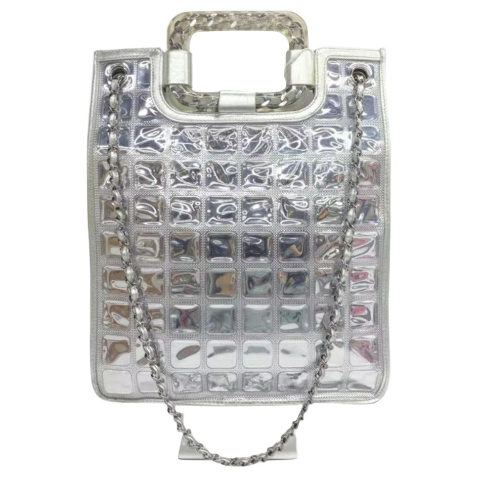 Chanel Silver Ice Cube Tote Leather and Vinyl with Chains For Sale