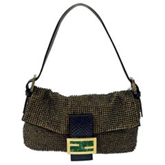 Fendi Baguette Rare Vintage Gold Metallic Beaded Snake-skin Trimmed Shoulder Bag