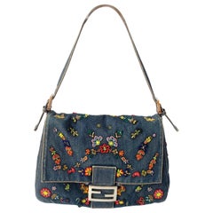FENDI Mamma Baguette Blue Denim with Floral Beads