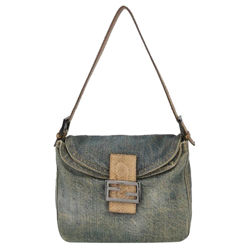 Fendi Baguette Denim Shoulder Bag Snake-skin Strap For Sale