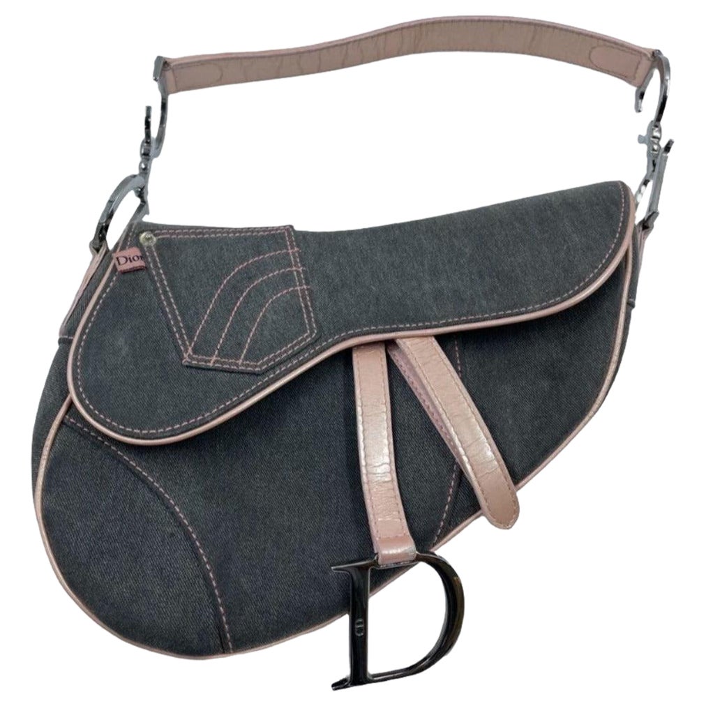 Bolso bandolera Dior Saddle Denim gris con bolsillo y adornos de piel rosa en venta
