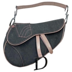 Dior Saddle Grey Denim with Pocket and Pink Leather Trim Shoulder Bag