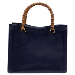 Gucci Vintage Black Leather Bamboo Princess Diana Tote Bag