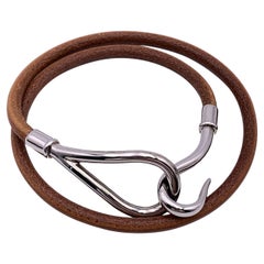 Hermes Double Tour Silber Metall Jumbo-Hakenarmband aus hellbraunem Leder