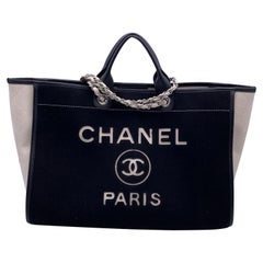 Chanel Black and White Felt Wool Large Deauville Tote Shoulder Bag