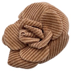 Chanel Vintage Beige Corduroy Camelia Flower Camellia Brooch Pin