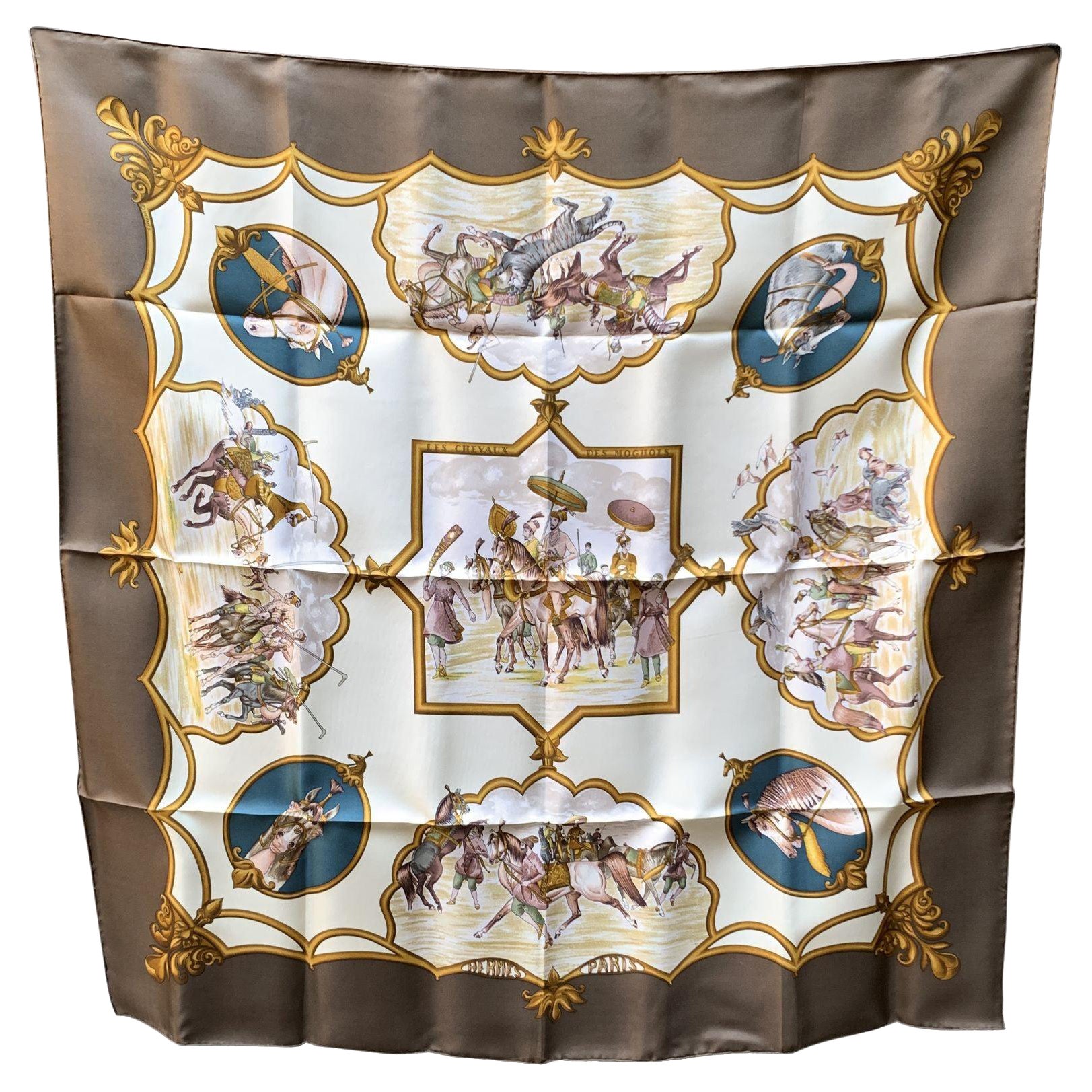 Hermes Paris Silk Scarf Les Chevaux des Moghols 1993 De Fougerolle For Sale