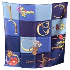 Gucci Blue Checked Bamboo Bags Floral Stirrups Silk Scarf