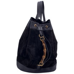 Gucci Vintage Black Suede and Leather Bamboo Drawstring Backpack