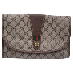 Gucci Vintage Brown Monogram Canvas Web Cosmetic Flap Bag Clutch