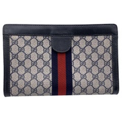 Gucci Vintage Blue Monogram Canvas Cosmetic Bag Clutch Stripes