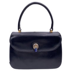 Gucci Vintage Black Leather Handbag Satchel with Lapis Closure