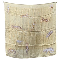 Cartier Beige Chiffon Panthers and Tigers Silk Scarf Animal Pattern